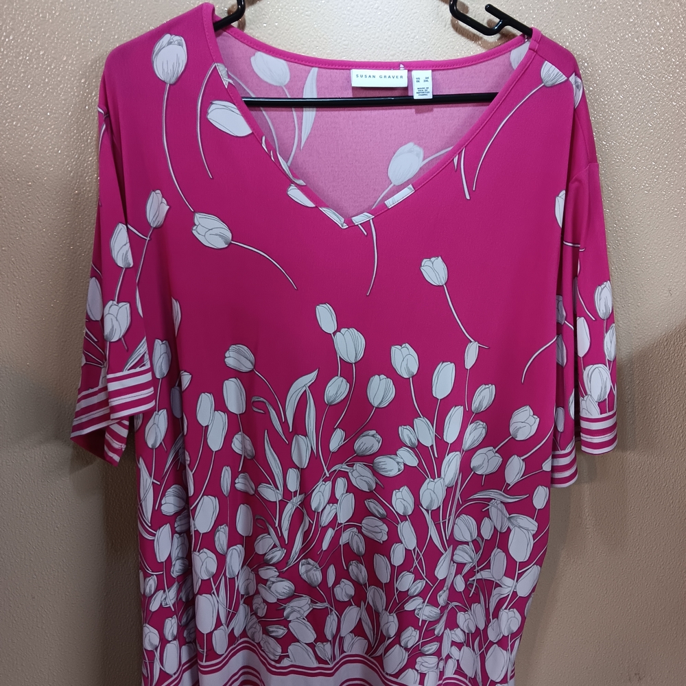 Susan Graver Pink and White Tulip Blouse Size 3x Short Sleeve